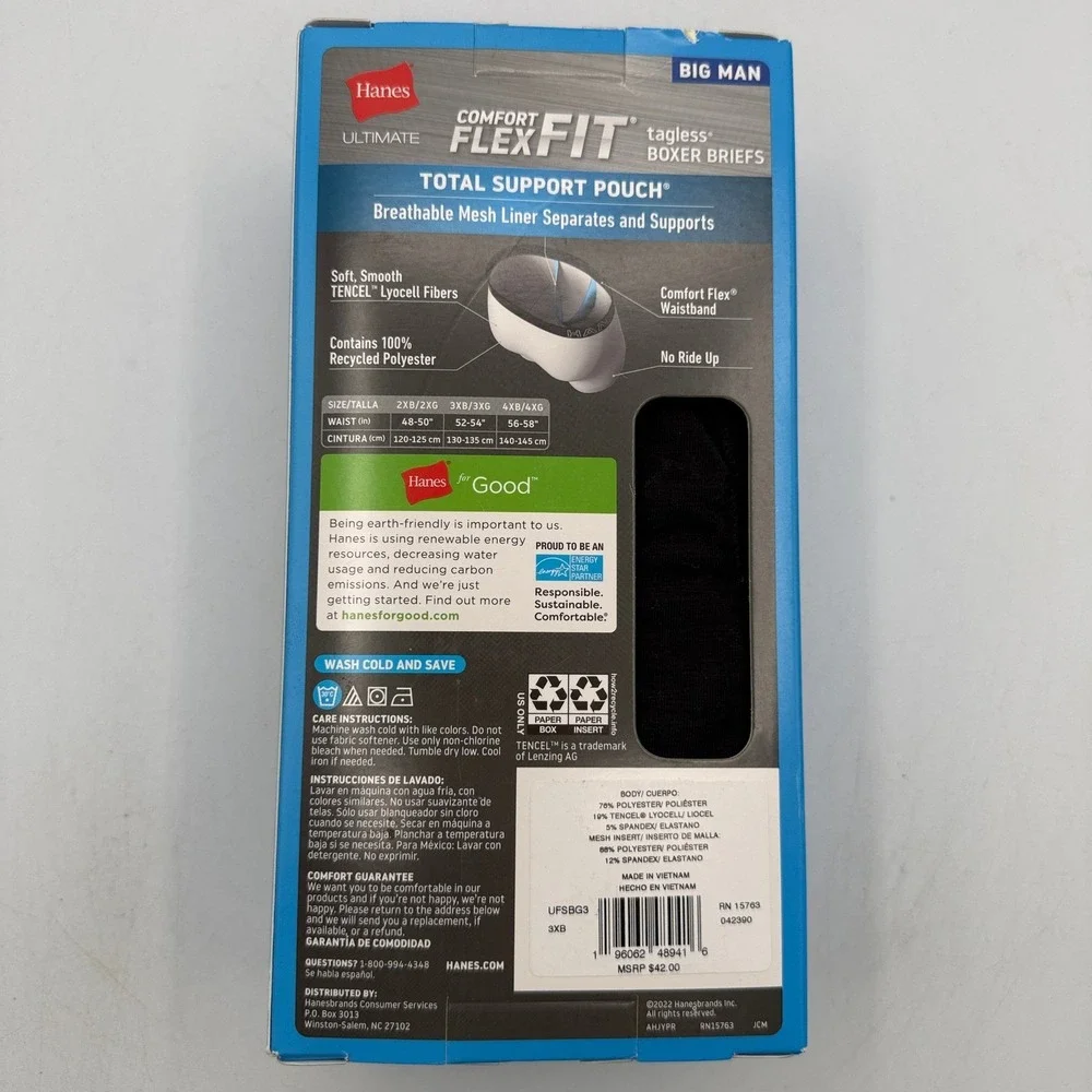 Hanes Boxer Briefs Mens 3XB Black Grey Total Support Pouch 3PK UFSBG3